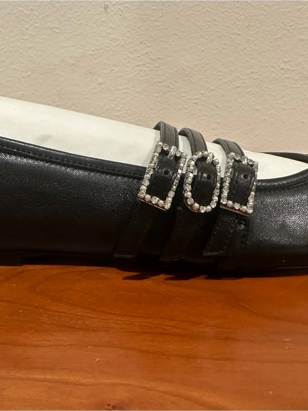 Stuart Weitzman Black Triple-Strap Ballet Flats with Rhinestone Buckles